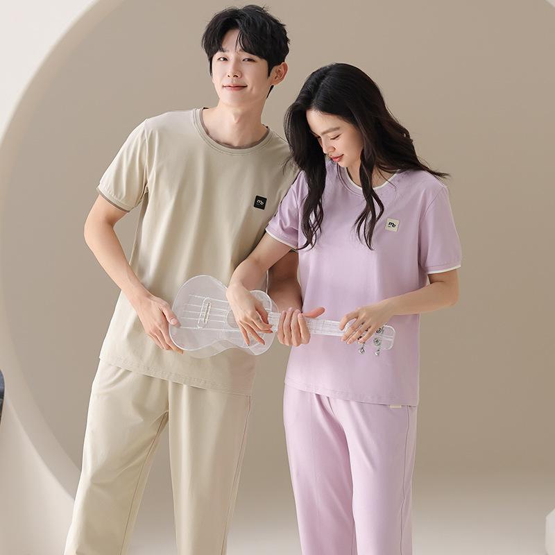 パジャマ ルームウェア レディース メンズ カップル ペア 綿 コットン 半袖 ロングパンツ シンプル ラ..