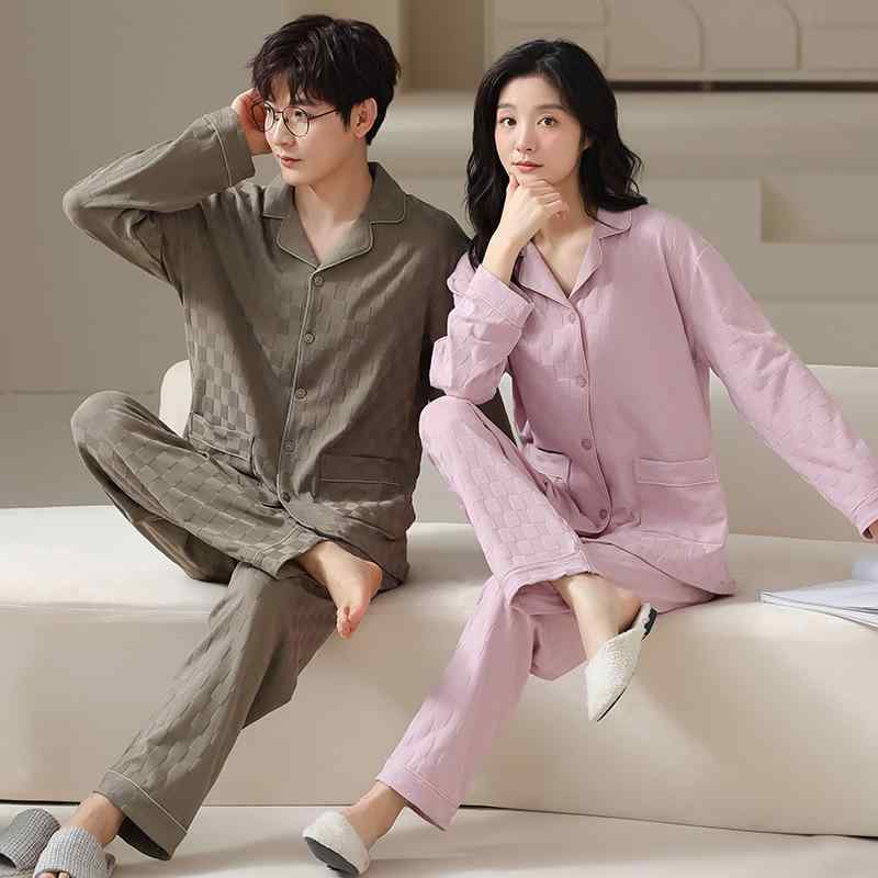 パジャマ レディース メンズ カップル ペア ルームウェア 部屋着 上下セット 綿 コットン 長袖 秋冬 韓国風 外出着 ワンマイルウェア ポロ襟 上品 高級感 通気性 伸縮性 保温性 快適 おうち時間 リラックス