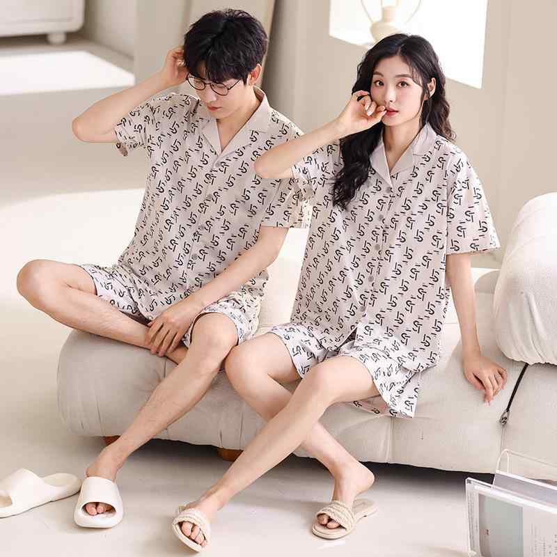 ルームウェア 男女兼用 カップル パジャマ 春夏 綿100% コットン 半袖 ショートパンツ 前開き 上下セット 部屋着 快適 通気性 リラック..