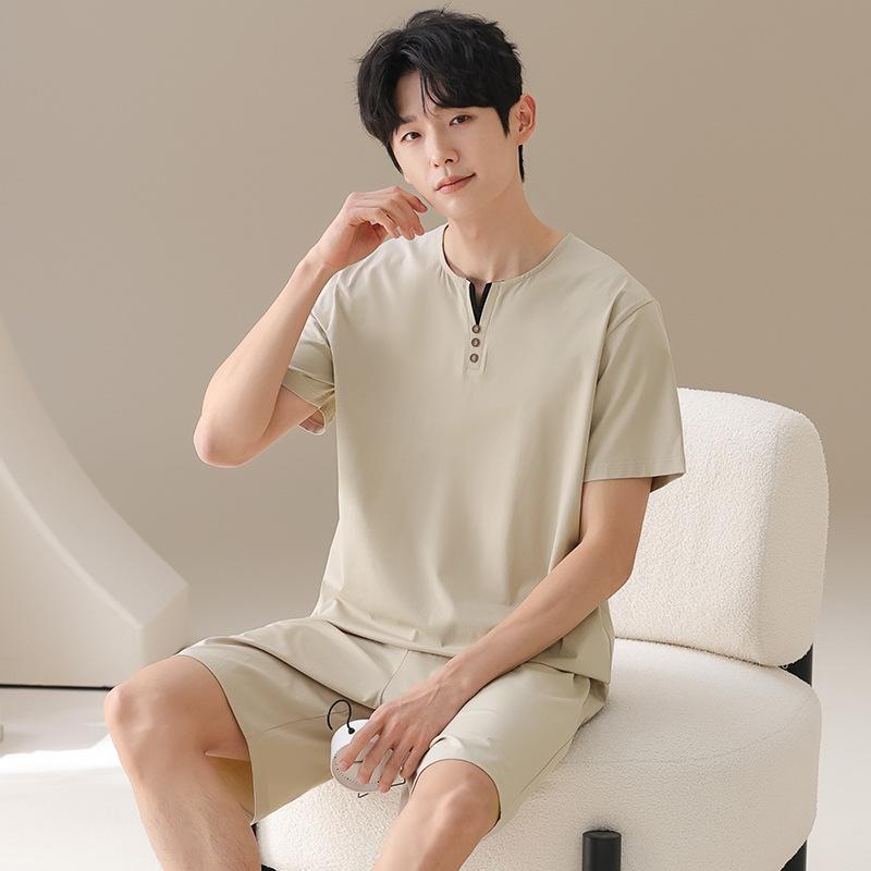 ・カテゴリ: パジャマ・主な素材: 綿 95%〜100%・スタイル: プルオーバー、シンプルカジュアル・厚さ: 中程度・生地厚さ（目付）: 適度 181-200g/平方メートル・ネックライン: クルーネック・袖丈: 五分袖・パンツ丈: ショートパンツ・機能: リラックス、通気性、睡眠、バスタイム、部屋着、涼感、快適、普段使い・対象: 若年男性・シーン: アウトドア、部屋着、ホテル・温泉、ウェディングフォト・サイズ: L,XL,XXL,XXXL