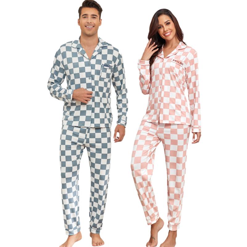 パジャマ 男女兼用 カップル 市松模様 チェック柄 再生繊維 ポリエステル セットアップ 上下セット 開襟 襟付き ボタン 長袖 長ズボン ルームウェア 部屋着 ワンマイルウェア リラックス ゆったり 通年 ピンク ブルー(x2)