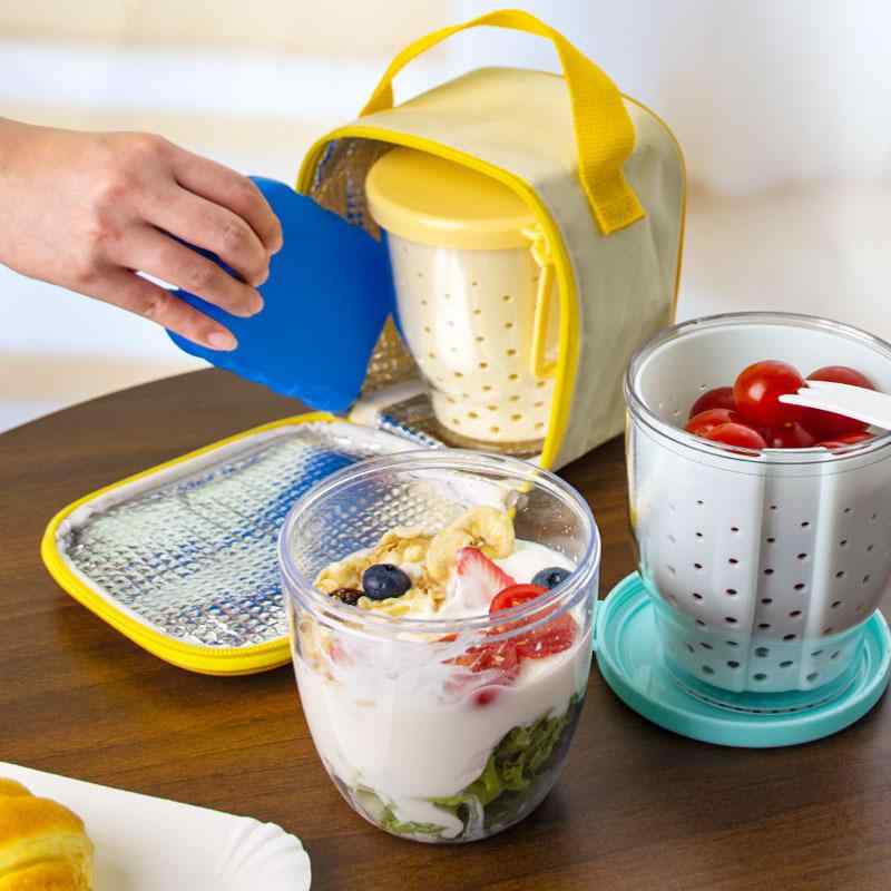 ランチボックス フルーツオートミールカップ 保冷機能 保冷剤 二層式水切り AS PP シリコン製 アウトドア レジャー 携帯用 オフィス 通勤 スポーツ 夏用