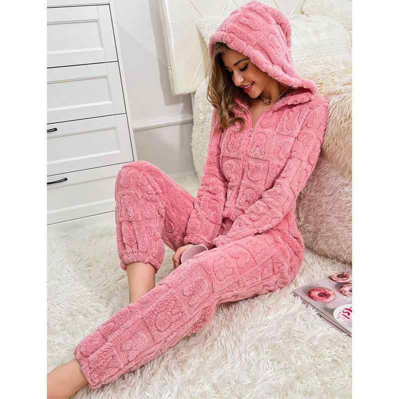 パジャマ レディース 欧米風 厚手 もこもこ フリース オールインワン 秋冬 高級感 長袖 フード付き ルームウェア 部屋着 カジュアル あったか 保温 快適 外着 ピンク系