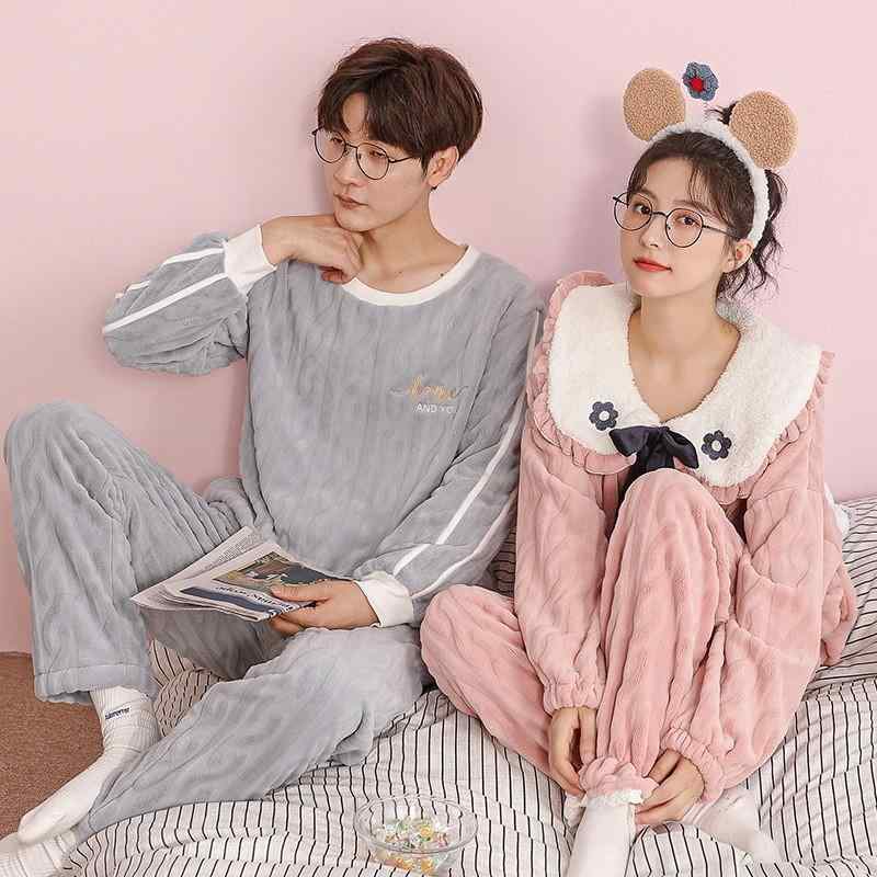 パジャマ カップル ペア 男女兼用 フランネル サンゴフリース ポリエステル 裏起毛 厚手 保温性 あった..