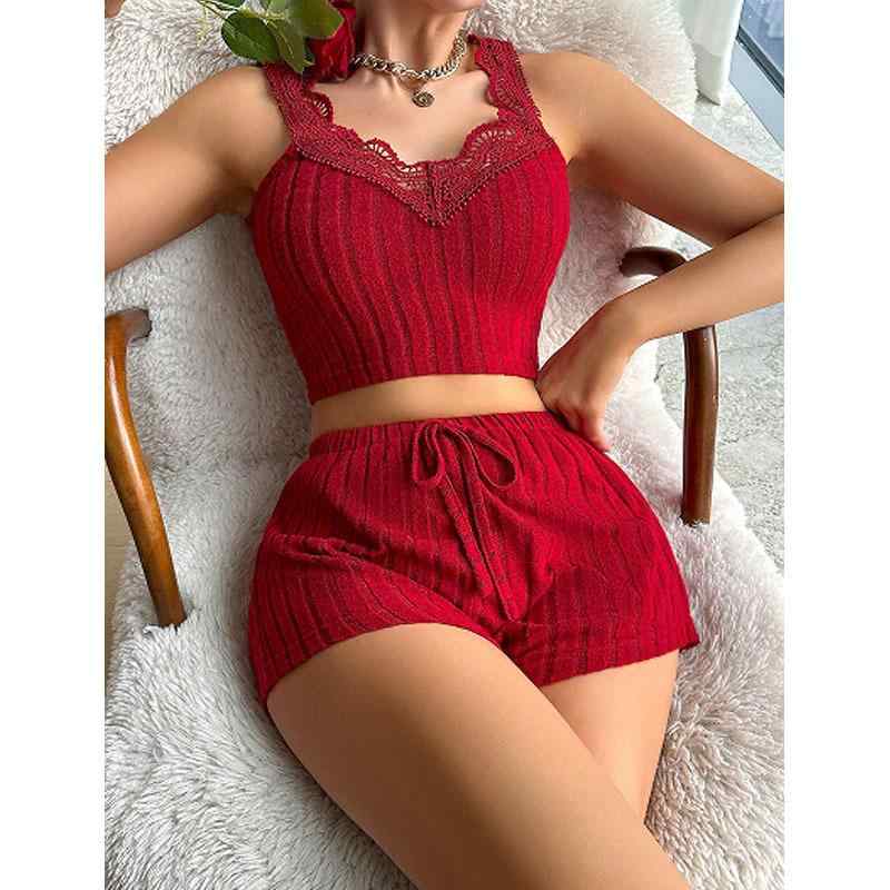 パジャマ レディース かわいい ルームウェア 夏 欧米スタイル Vネック レース 切り替え キャミソール ..