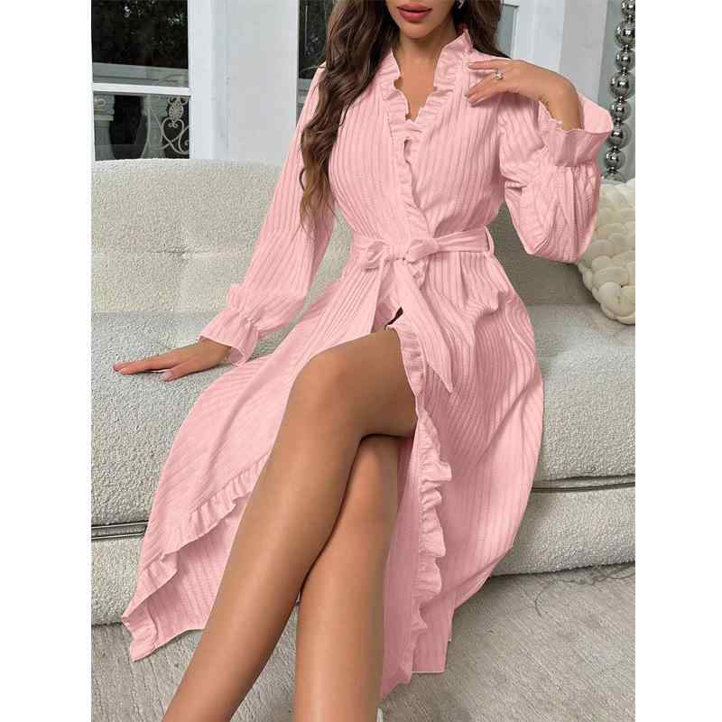 パジャマ レディース かわいい メロウフリル 欧米風 高級感 リボン ウエストマーク 長袖 Vネック ルー..