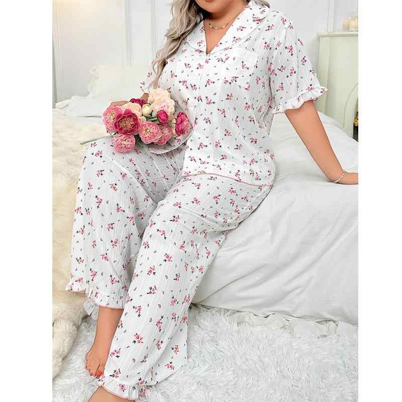 パジャマ レディース ルームウェア セットアップ 上下セット 春夏 花柄 フローラルプリント 襟付き 前開き 半袖 長ズボン ゆったり 大きいサイズ 部屋着 おうち時間 ワンマイルウェア 快適 通気性 欧米風 ライトピンク