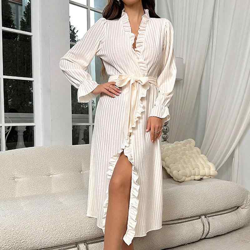 パジャマ レディース 女性用 高級感 Vネック 長袖 カーディガン ガウン ローブ ウエストリボン フリル ..