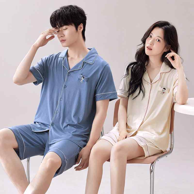 ルームウェア カップル ペア パジャマ モダール 薄手 軽量 半袖 前開き 襟付き ショートパンツ 上下セ..