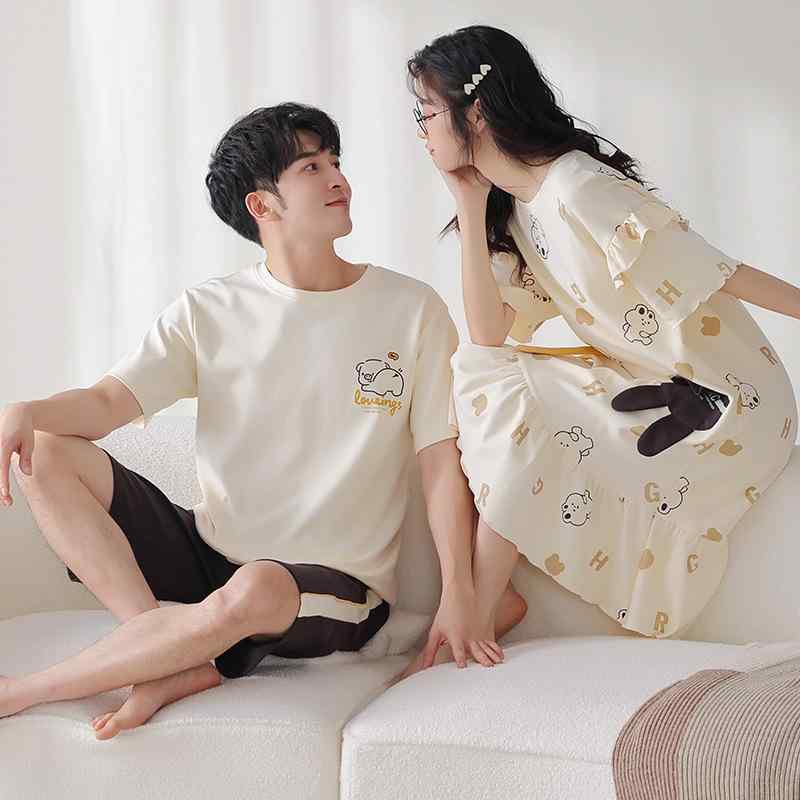 ルームウェア カップル パジャマ 上下セット 男女兼用 春夏 半袖 クルーネック ゆったり 綿100% コット..