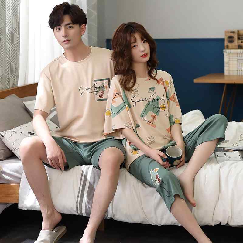 ルームウェア メンズ レディース ペア パジャマ 部屋着 薄手 綿100% 半袖 クロップドパンツ クルーネッ..