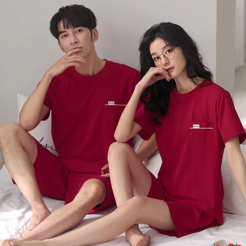 ルームウェア カップル ペア パジャマ コットン ストレッチ 半袖 ショートパンツ レッド プルオーバー 丸首 結婚式 婚礼 ブライダル お祝い 記念日 快適 通気性 薄手 外出可能 部屋着 上下セット 春夏秋