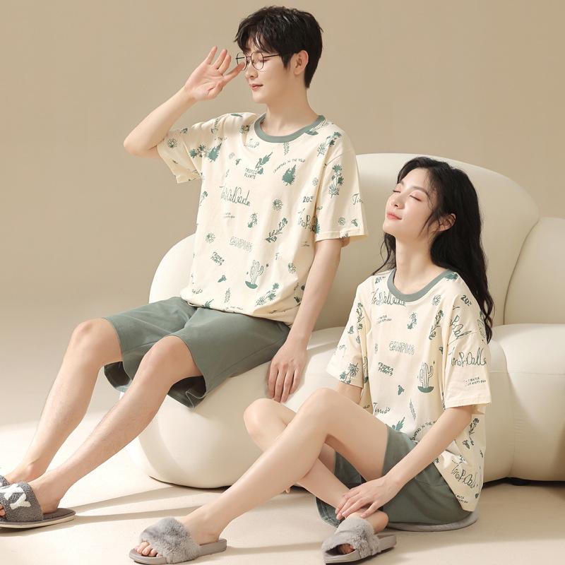 パジャマ カップル ペア 綿 コットン 半袖 ショートパンツ 上下セット 夏用 薄手 接触冷感 伸縮性 通気性 おしゃれ かわいい バイカラー ルームウェア 部屋着 ワンマイルウェア
