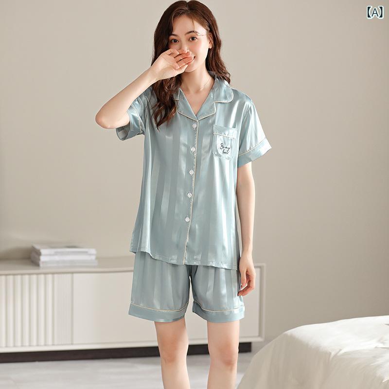 way-ugoのルームウェア 男女兼用 カップル パジャマ 上下セット 春夏 接触冷感 ショートパンツ 前開き ジャガード織 サテン フェイクシルク 光沢感 高級感 薄手 涼感 通気性 部屋着 おうち時間｜アングル2