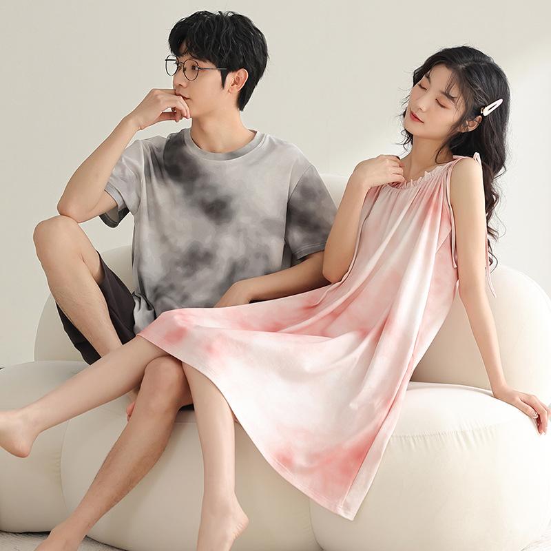 パジャマ ルームウェア カップル ペア 男女兼用 サラサラコットン 綿 薄手 接触冷感 半袖 ショートパンツ キャミソールワンピース クルーネック ゆったり 大きいサイズ ビッグシルエット 伸縮性 通気性 外出OK 春夏 セット