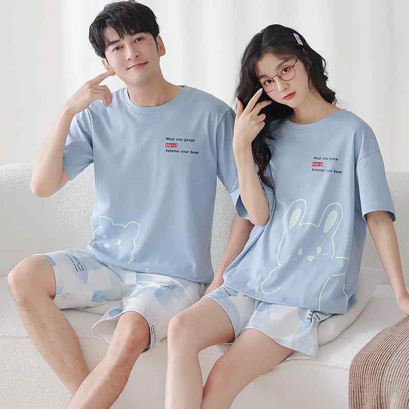 ルームウェア カップル 男女兼用 春夏 パジャマ 半袖 丸首 かわいい うさぎ柄 綿100% 薄手 通気性 伸縮..