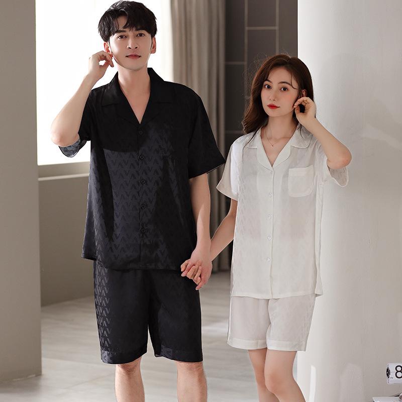 パジャマ ルームウェア 部屋着 ワンマイルウェア カップル 男女兼用 メンズ レディース ポリエステル 接触冷感 通気性 快適 シルク調サテン ジャカード織り 開襟 ショートパンツ 上下セット 高級感 春夏