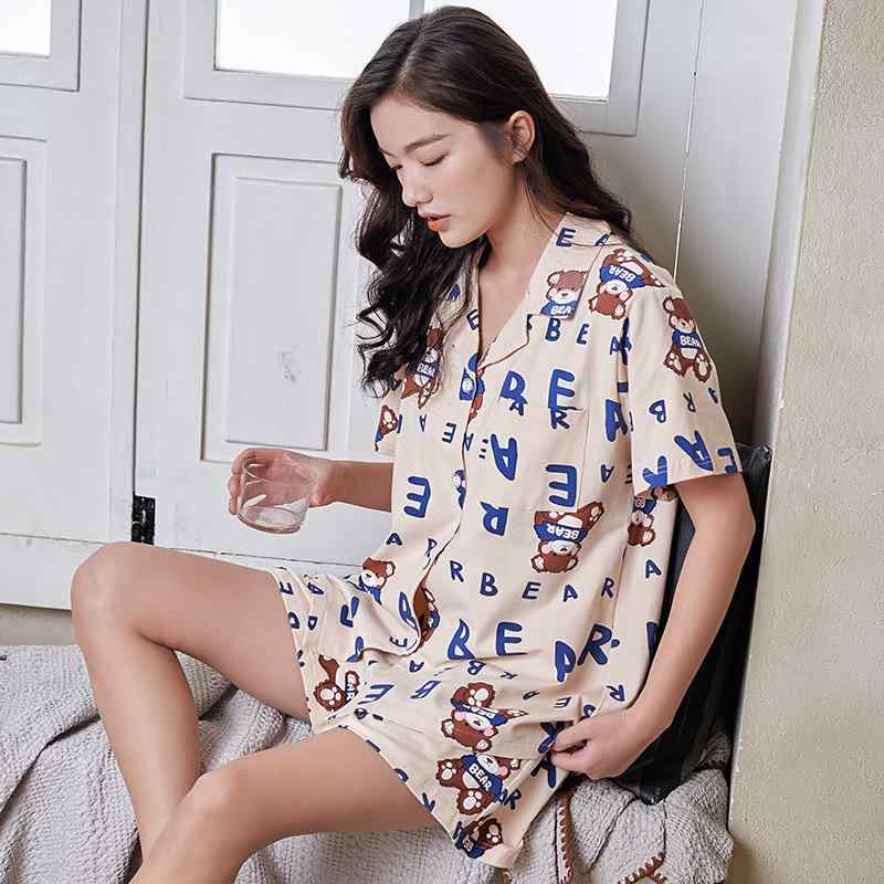 パジャマ レディース 寝巻き ナイトウェア 夏 涼しい 快適 薄手 モダール綿 ニット 半袖 ショートパンツ 襟付き 上下セット 日本風 カジュアル ルームウェア 部屋着 おうち時間 ワンマイルウェア かわいい くま アルファベット柄