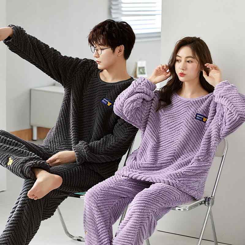 パジャマ カップル ペア 男女兼用 ルームウェア サンゴフリース ポリエステル 厚手 裏起毛 保温 快適 ..