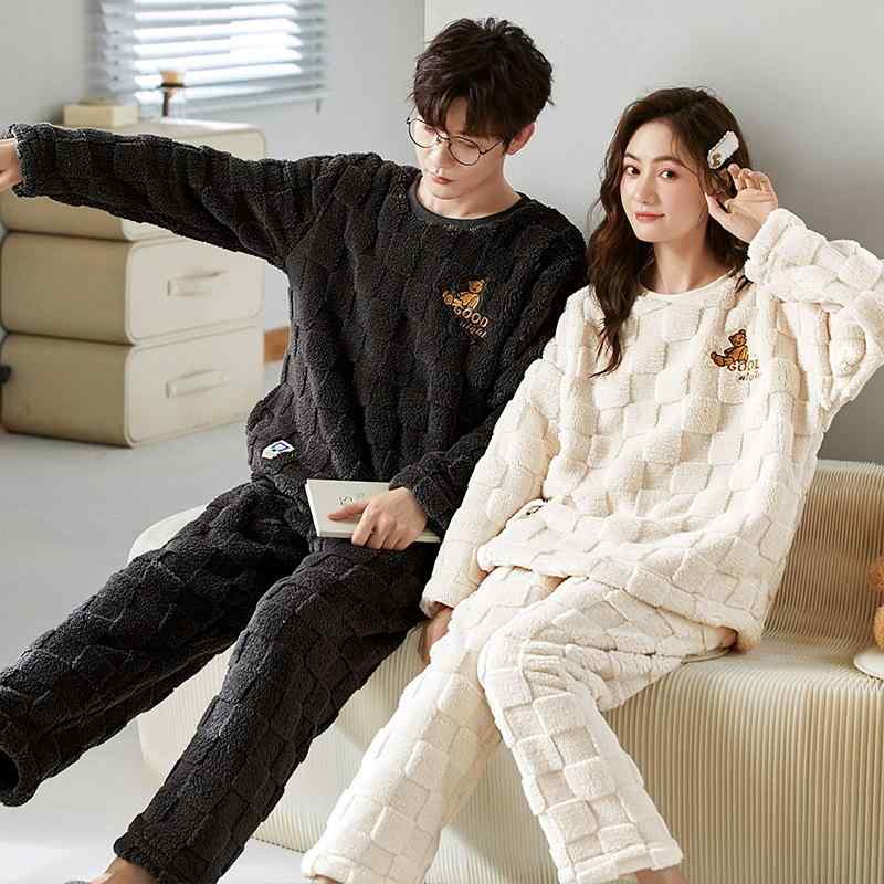 パジャマ ルームウェア カップル ペア レディース メンズ 学生 珊瑚フリース 厚手 裏起毛 保温 あったか 秋冬 春秋 上下セット セットアップ ラウンドネック 長袖 長ズボン ワンマイルウェア 部屋着 シンプル カジュアル 快適