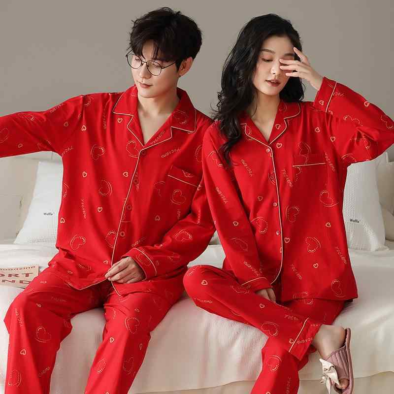 パジャマ メンズ レディース 綿100% レッド 赤 長袖 ロングパンツ 襟付き カーディガン ルームウェア ..
