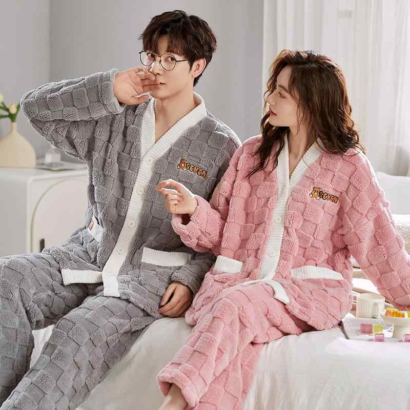 パジャマ レディース メンズ カップル ペア ルームウェア 部屋着 ホームウェア 秋冬 長袖 前開き Vネック 上下セット セットアップ サンゴフリース フランネル 厚手 裏起毛 保温性 暖かい 快適 ポリエステル 伸縮性 通気性