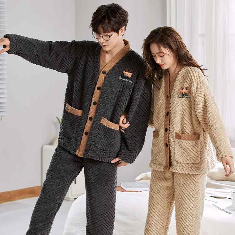 パジャマ カップル ペア メンズ レディース サンゴフリース 厚手 裏起毛 Vネック 前開き 長袖 長ズボン..