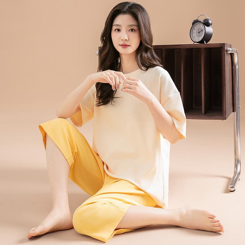 パジャマ レディース 夏 半袖 七分丈パンツ セットアップ 上下セット 綿100% コットン 無地 ゆったり ..