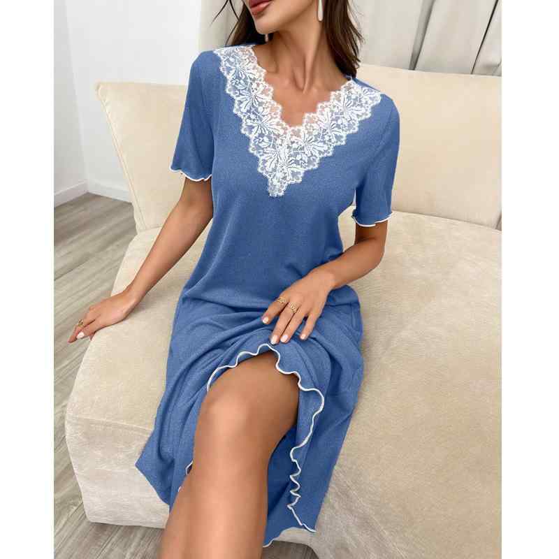 ネグリジェ レディース 欧米スタイル ミモレ丈 高級感 レース Vネック 半袖 ワンピース ルームウェア ..