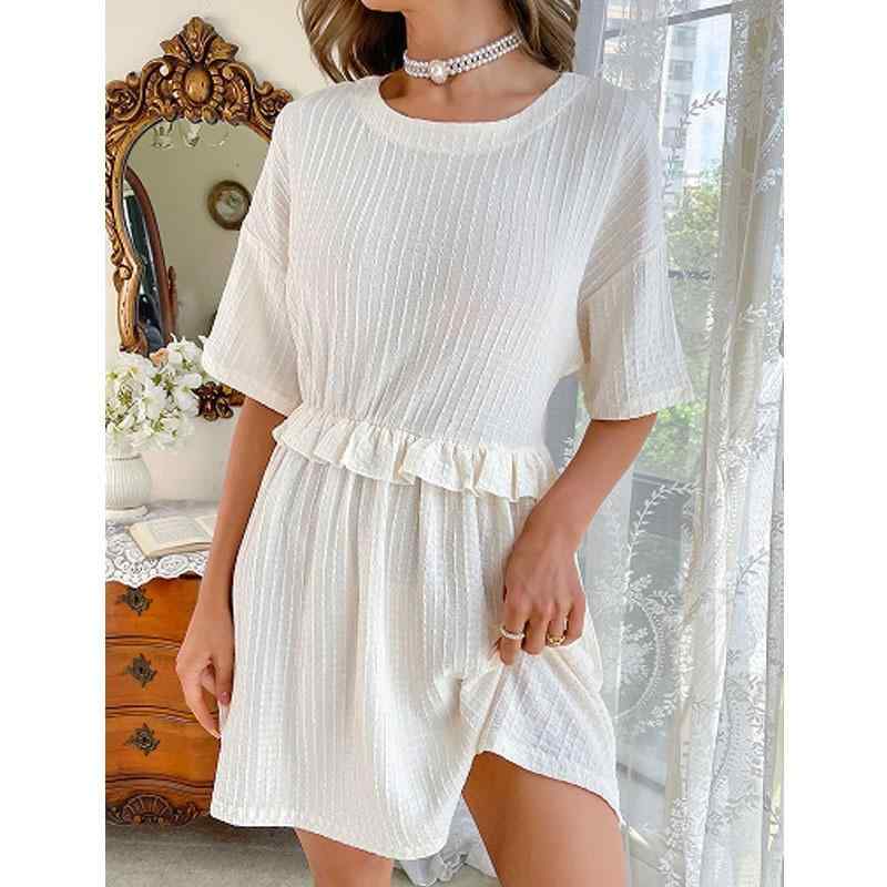 ルームワンピース レディース 欧米風 無地 ラウンドネック 半袖 ミモレ丈 ウエストマーク 細見え スタ..