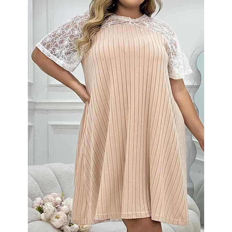 ルームウェア レディース ゆったり 大きいサイズ セクシー レース 切り替え シアー パジャマワンピース 春夏 普段使い 部屋着 おうち時間 クルーネック 半袖 ロング丈 通気性 快適 アプリコット