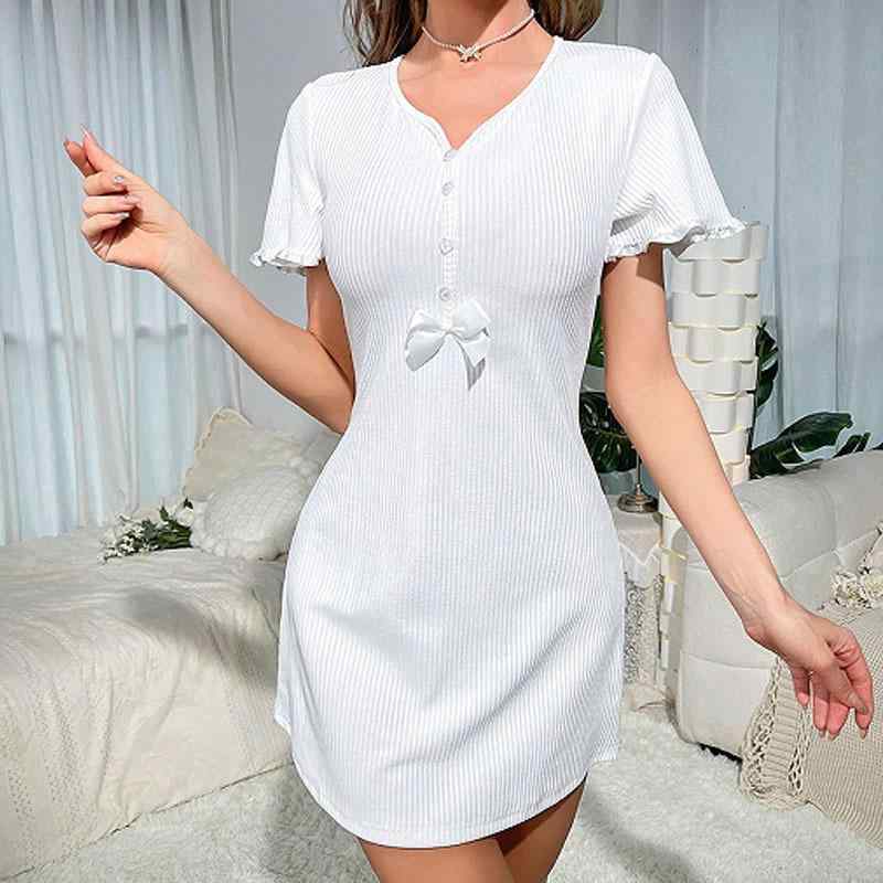 ルームウェア レディース Vネック 半袖 ワンピース ウエストマーク 細見え スタイルアップ 高級感 リボ..