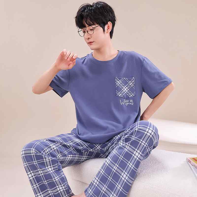 ルームウェア メンズ パジャマ 部屋着 コットン100% 半袖 長ズボン 薄手 春夏秋 大きいサイズ ゆったり..