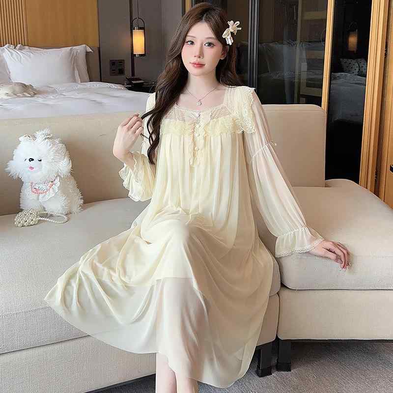 ネグリジェ レディース レース 春夏秋 薄手 長袖 フェミニン かわいい プリンセス風 フェアリースタイ..