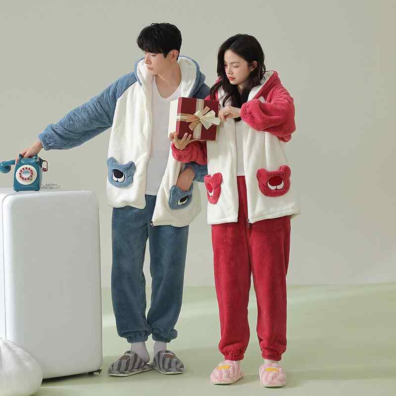 パジャマ ペア レディース メンズ 秋冬 サンゴフリース 裏起毛 厚手 暖かい フード付き 長袖 長ズボン ..
