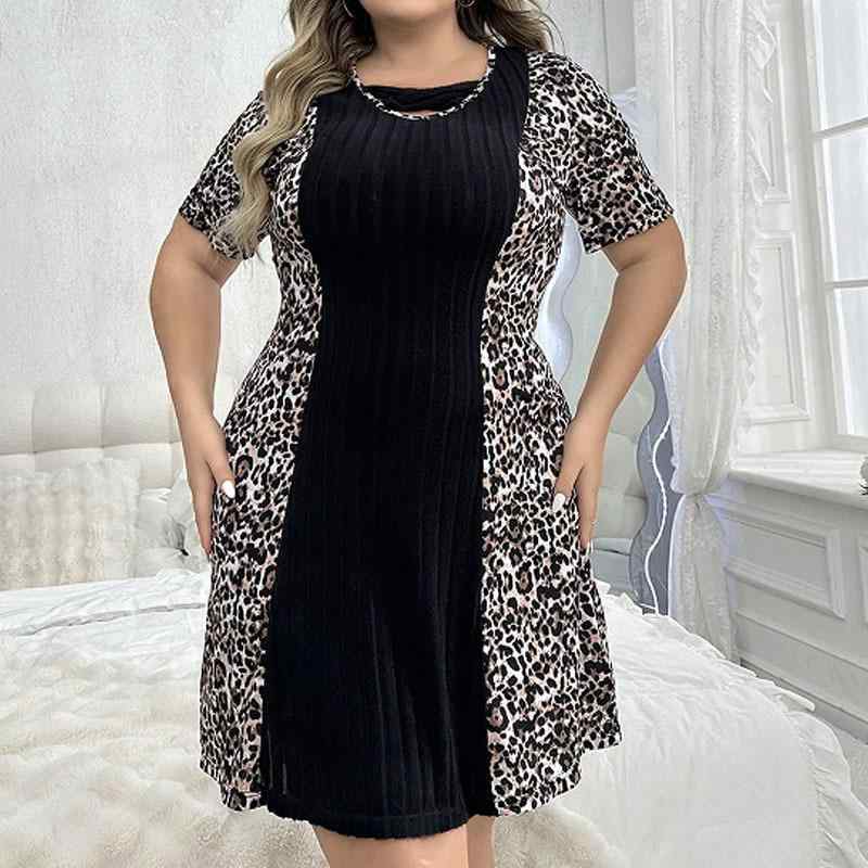 ルームウェア レディース 大きいサイズ ゆったりサイズ 春夏 ヒョウ柄 コントラストカラー プリント 半..