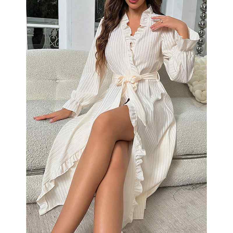 ルームワンピース レディース 女性用 春秋 欧米風 エレガント 高級感 Vネック 切り替え レース リボン..