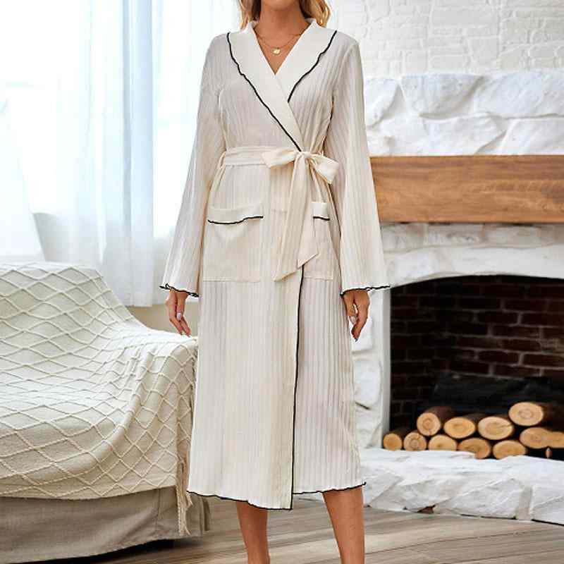 パジャマ レディース 女性用 長袖 襟付き テーラードカラー 切り替え 配色 ガウン ローブ ウエストマー..