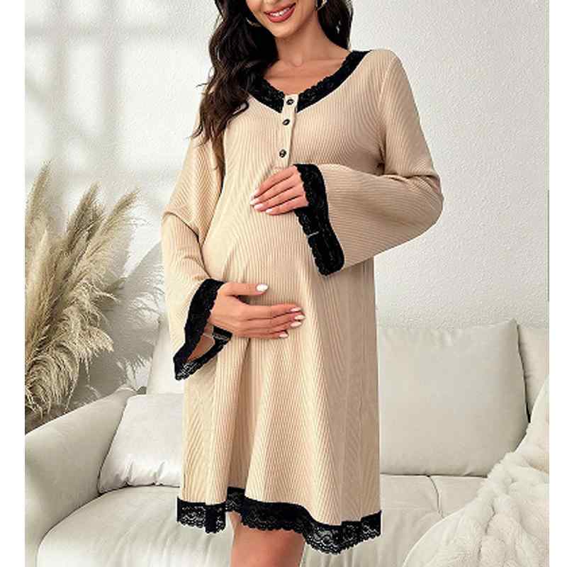 ルームワンピース レディース Vネック レース 切り替え 長袖 ゆったり マタニティ 妊婦服 高級感 快適 ..