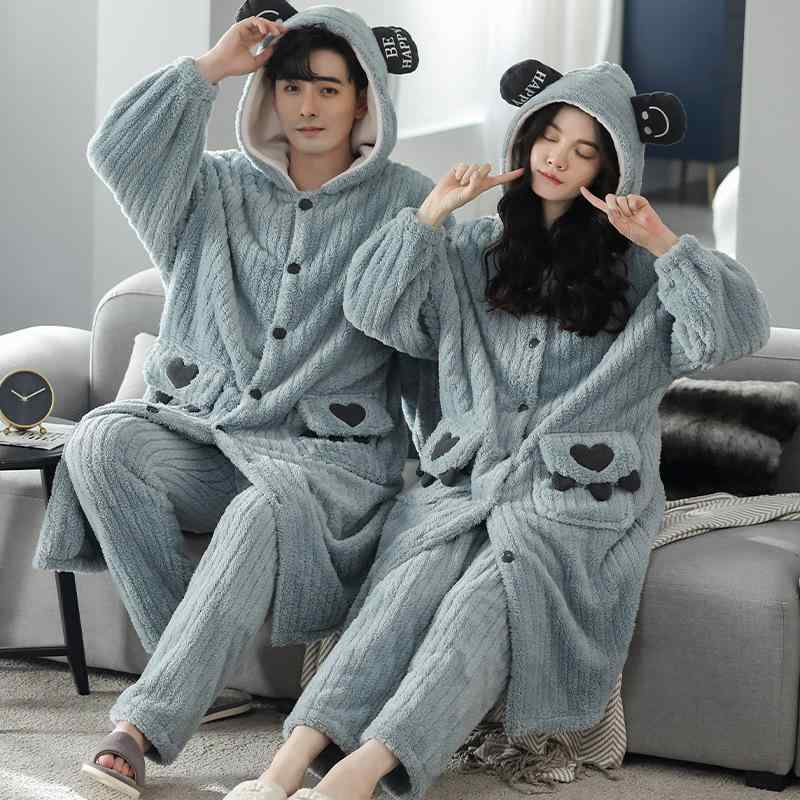 ルームウェア バスローブ ガウン カップル ペア 男女兼用 フランネル 厚手 暖かい ふわふわ ロング丈 ..