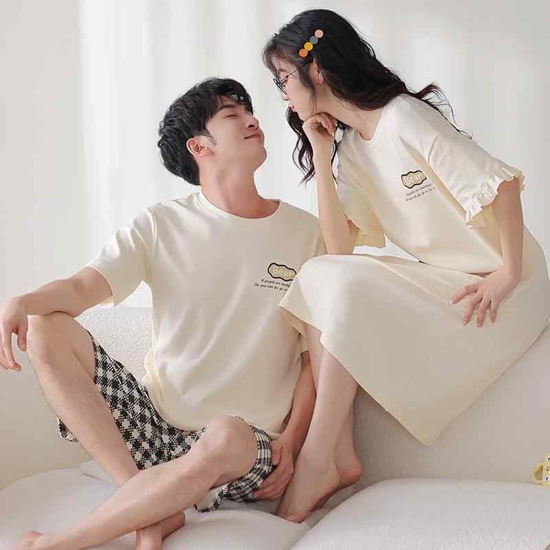 ルームウェア 男女兼用 春夏 プルオーバー 半袖 ワンピース パジャマ カップル ペア クマ柄 かわいい ゆったり コットン100% 丸首 薄手 部屋着 おうち時間 セットアップ カジュアル リラックス 快適