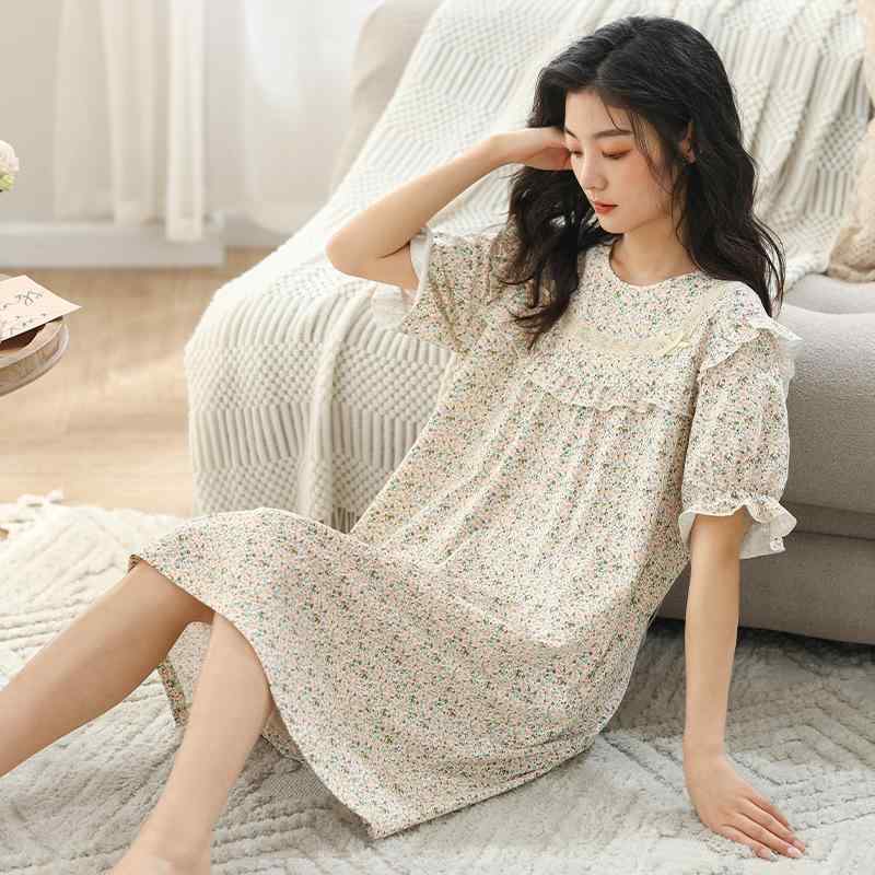 ルームワンピース レディース 女性用 春夏 コットン 綿100% 薄手 ストレッチ 伸縮性 ラウンドネック 半..