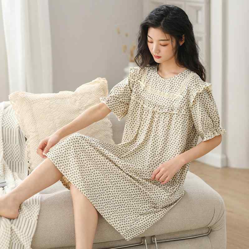 ルームウェア レディース 半袖 ワンピース パジャマ 純綿 薄手 伸縮性 ドット柄 フレンチスタイル フェ..