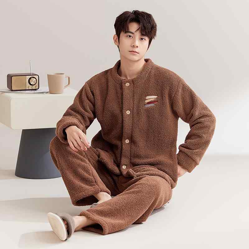 パジャマ メンズ 秋冬 厚手 裏起毛 ボアフリース 前開き スタンドカラー カーディガン 長袖 長ズボン ..