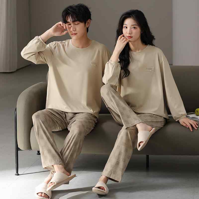 ルームウェア 男女兼用 ペア コットン 長袖 プルオーバー クルーネック ロングパンツ シンプル カジュ..