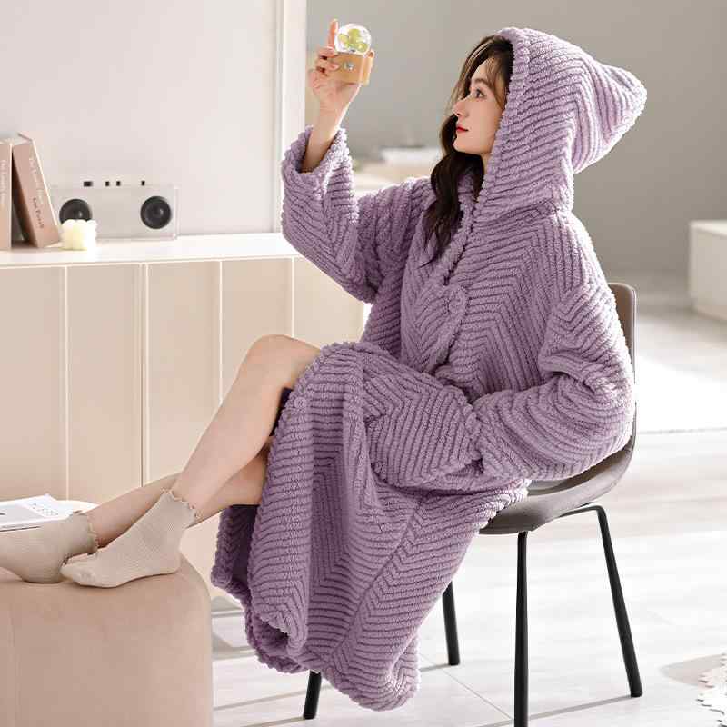 ルームウェア レディース 女性用 秋冬 コーラルフリース 裏起毛 厚手 保温 あったか フード付き ゆったり リラックス バスローブ ナイトガウン パジャマ 部屋着
