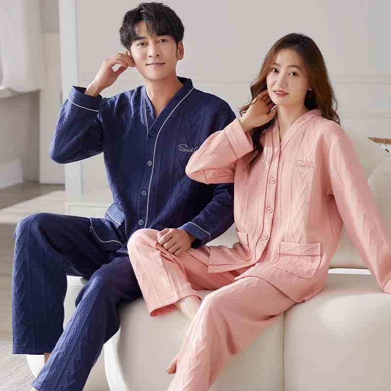 パジャマ 男女兼用 厚手 暖かい 純綿 コットン キルティング 挟み層 Vネック 長袖 ロングパンツ 上下セ..