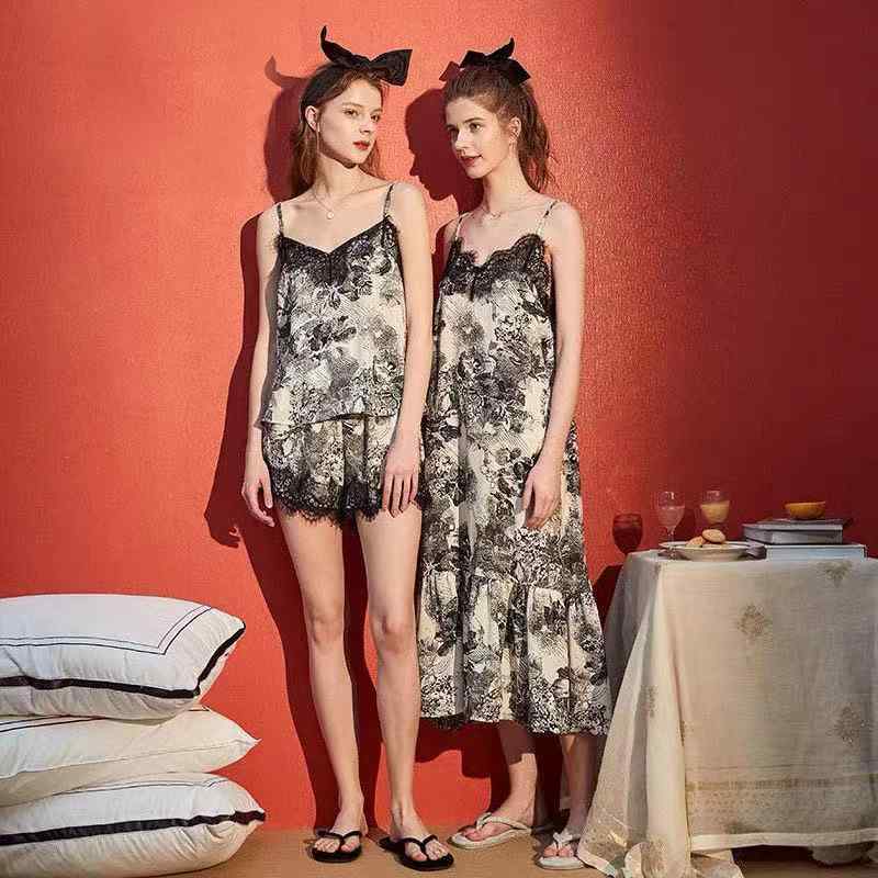 ワンピース レディース モダール キャミソール セクシー 中国風 水墨画柄 ロング丈 レース ネグリジェ 部屋着 外出可 春夏 薄手