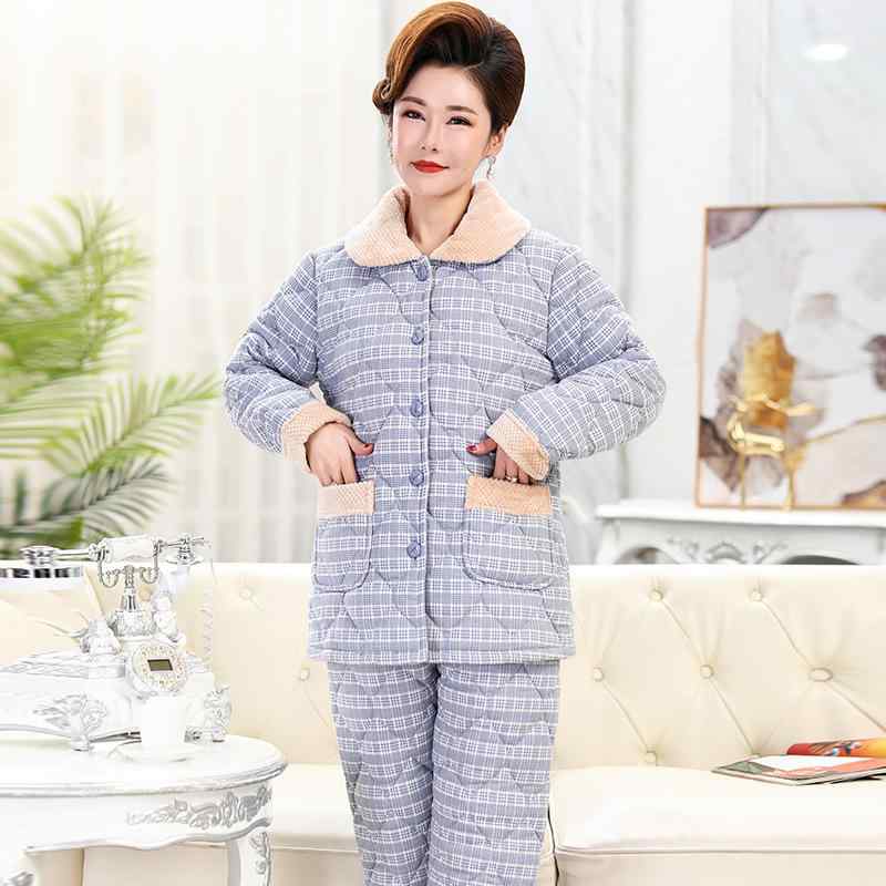 パジャマ レディース ママ ミセス 女性用 秋冬 中綿 キルティング 厚手 保温 快適 ニット コットン 長袖 長ズボン 襟付き 前開き 上下セット ルームウェア 部屋着 外出着 ワンマイルウェア