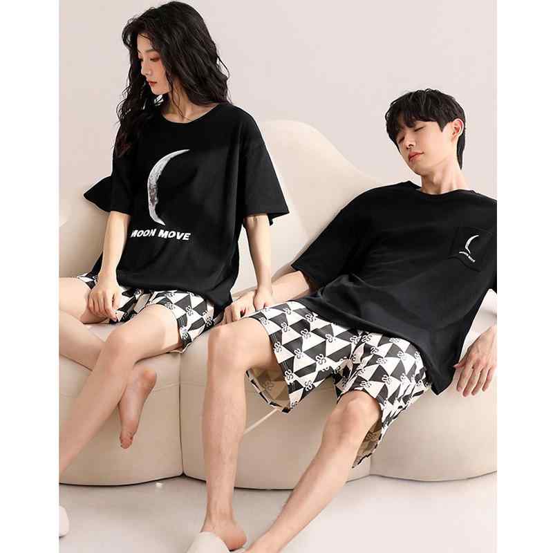 ルームウェア ペア 春夏 コットン 接触冷感 薄手 半袖 プルオーバー ショートパンツ ブラック 高級感 カジュアル 快適 通気性 快眠 ワンマイルウェア